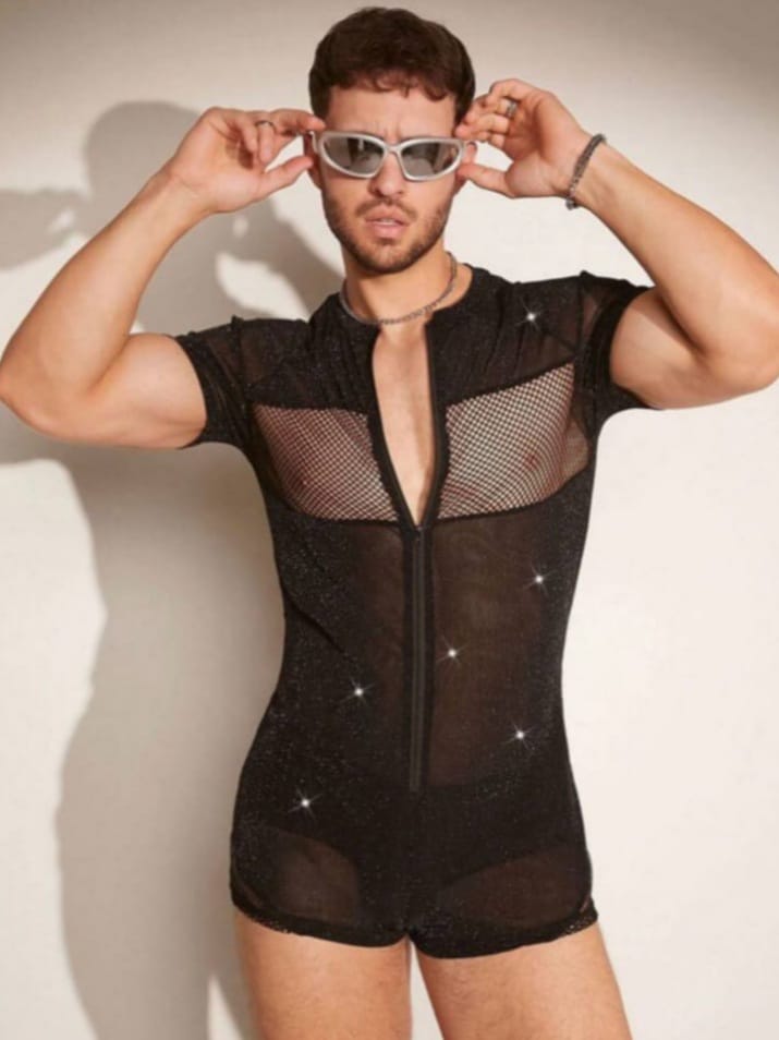Men's Rhinestone Mesh Sheer V-Neck Zipper Collar Lounge Romper